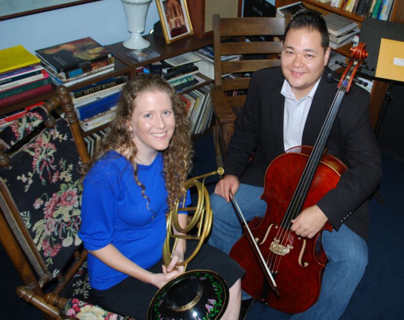 Natural horn player Nancy Jarrett (left) and Baroque cellist Eric Smith perform with the...