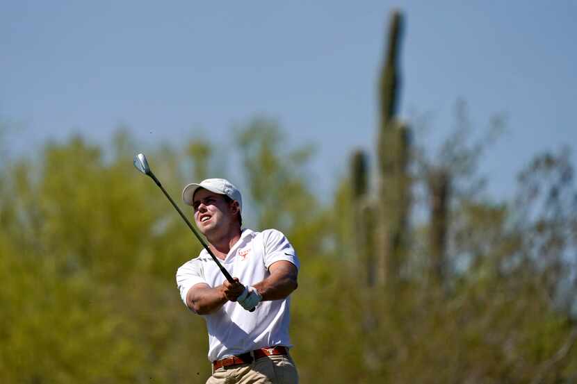 Texas golfer Pierceson Coody hits from the sixth fairway during the semifinal round of the...
