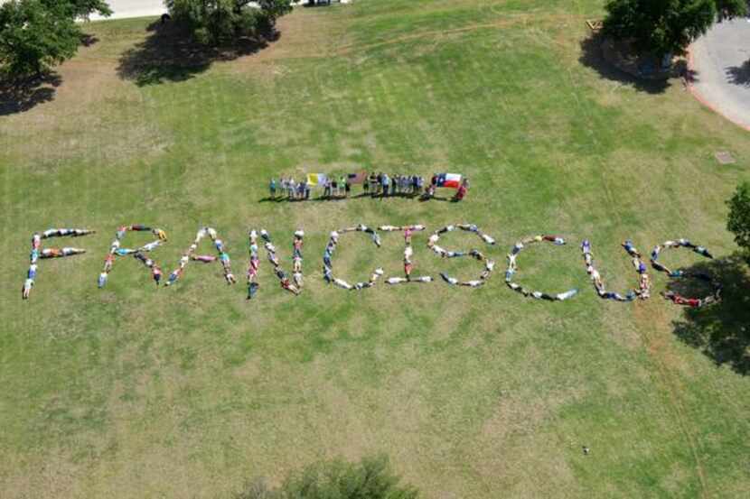
University of Dallas students spell out “Franciscus” in honor of Pope Francis. Students at...