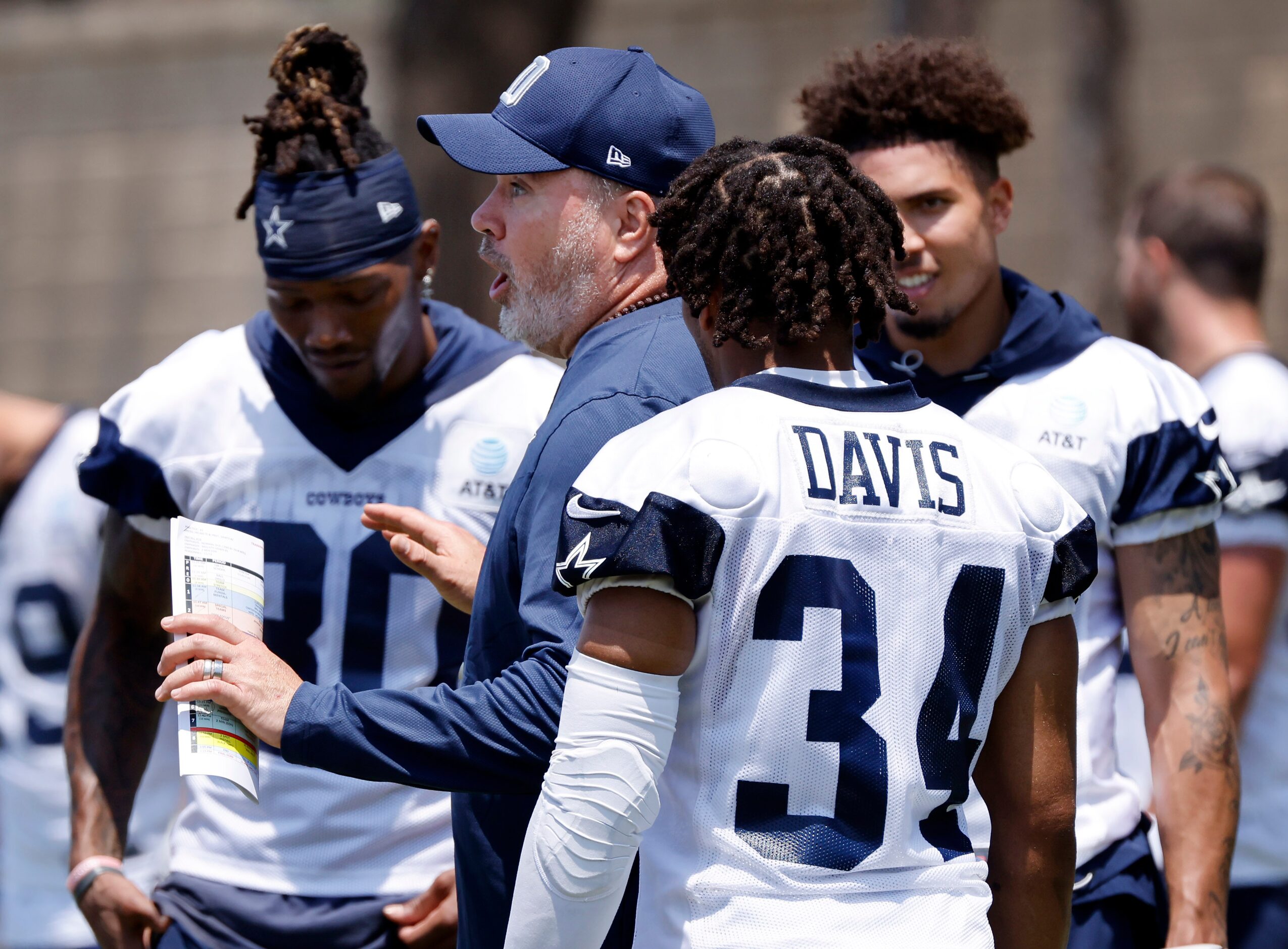 Dallas Cowboys head coach Mike McCarthy works with young offensive players during the second...