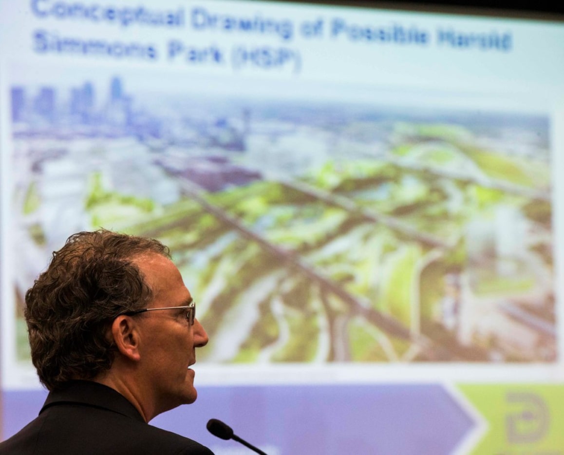 Developer Mike Ablon of PegasusAblon speaks as the Dallas City Council hears a briefing on...