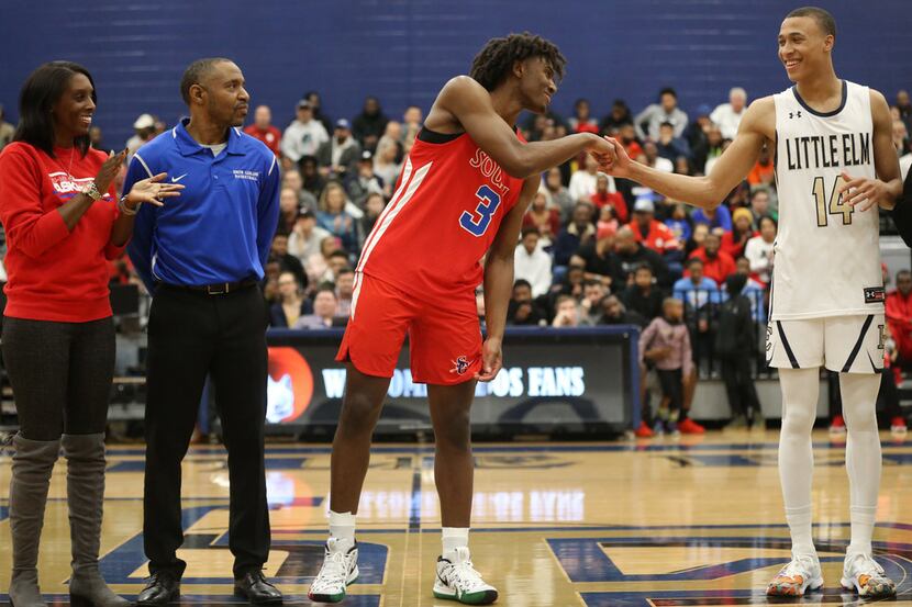 South Garland's Tyrese Maxey (3) and Little Elm's R.J. Hampton (14) greet each other after...