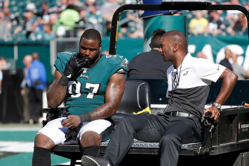 Philadelphia Eagles defensive tackle Malik Jackson gets carted off the field with a medical...