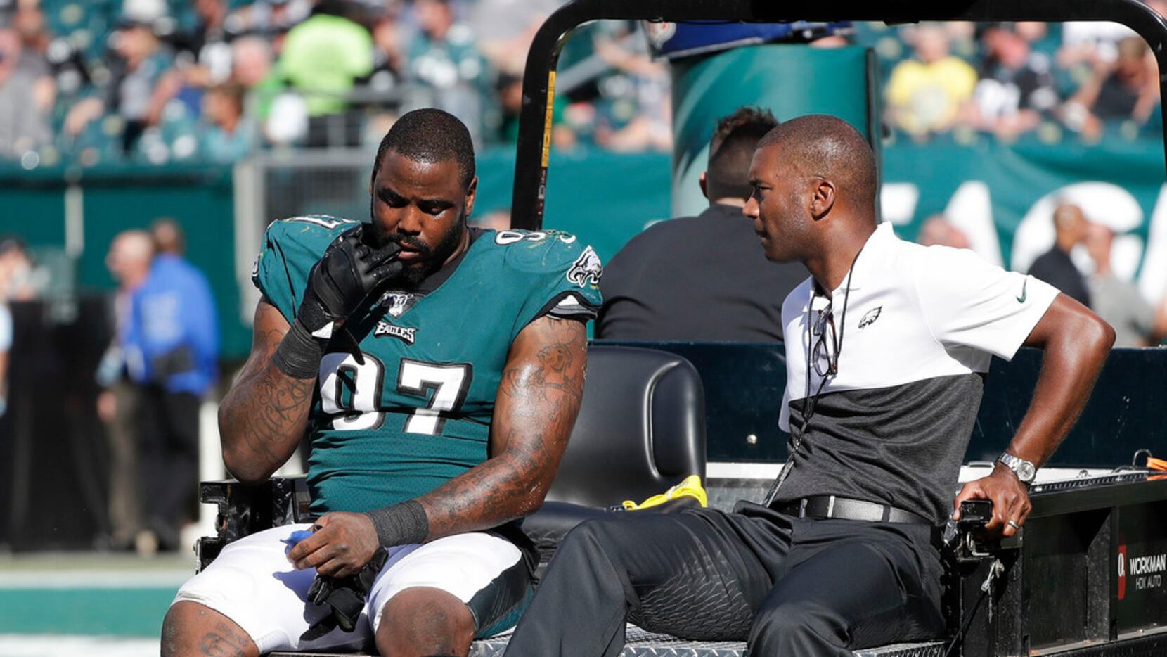 Philadelphia Eagles defensive tackle Malik Jackson gets carted off the field with a medical...