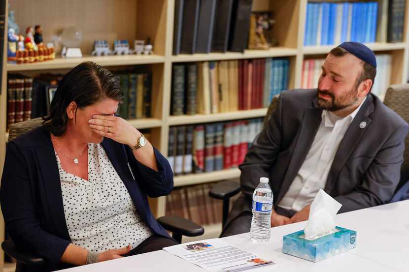 Aya Margalit (left) gets emotional while speaking during a discussion about the Hamas attack...