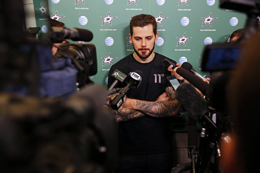 Dallas Stars center Tyler Seguin talks to media as the team cleaned out their lockers at Dr...