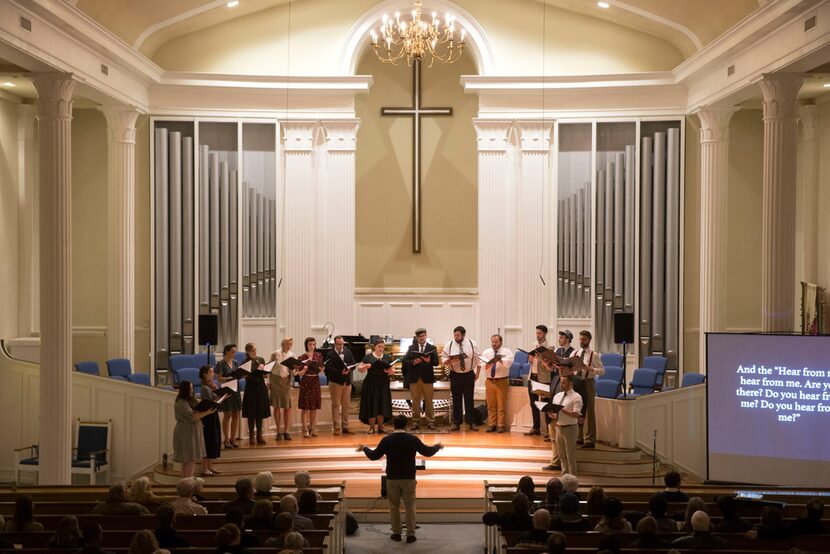 Conductor Sam Brukhman leads Verdigris Ensemble as it performs Betty's Notebook at Royal...