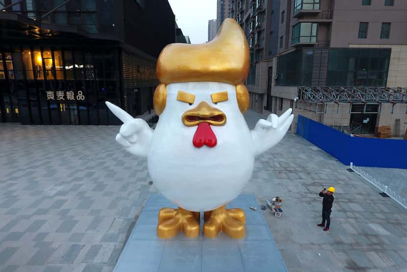 A giant rooster sculpture resembling President-elect Donald Trump is on display at a...