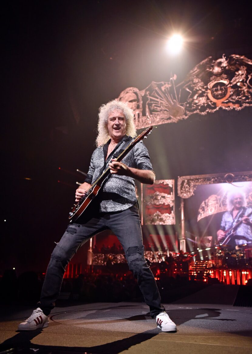 Guitarist Brian May during the Queen + Adam Lambert performance at the American Airlines...