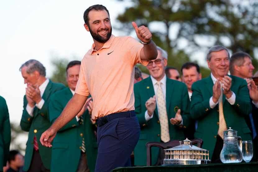 Scottie Scheffler arrives for the green jacket ceremony after winning the Masters golf...