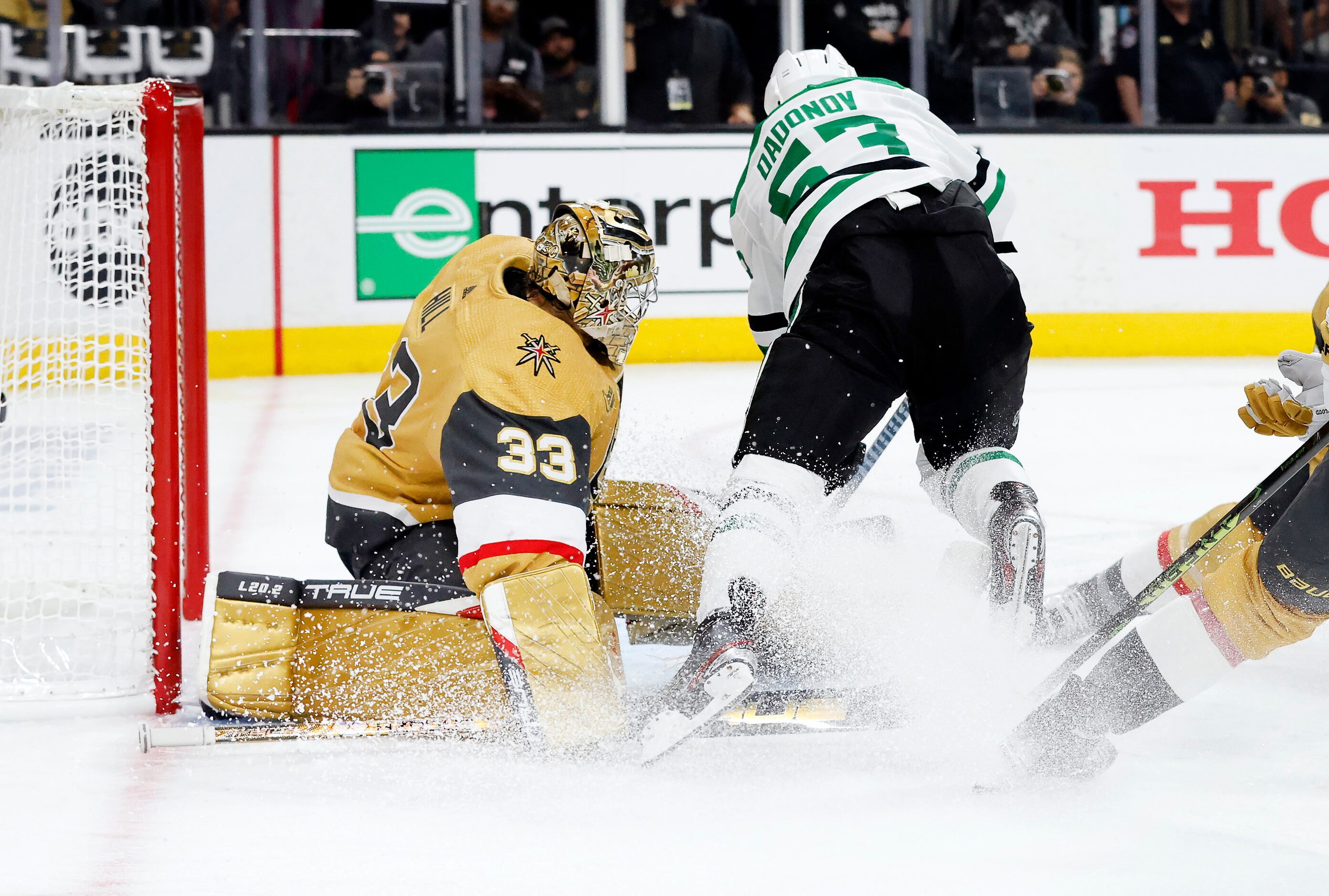 Dallas Stars right wing Evgenii Dadonov (63) attempts to score on Vegas Golden Knights...