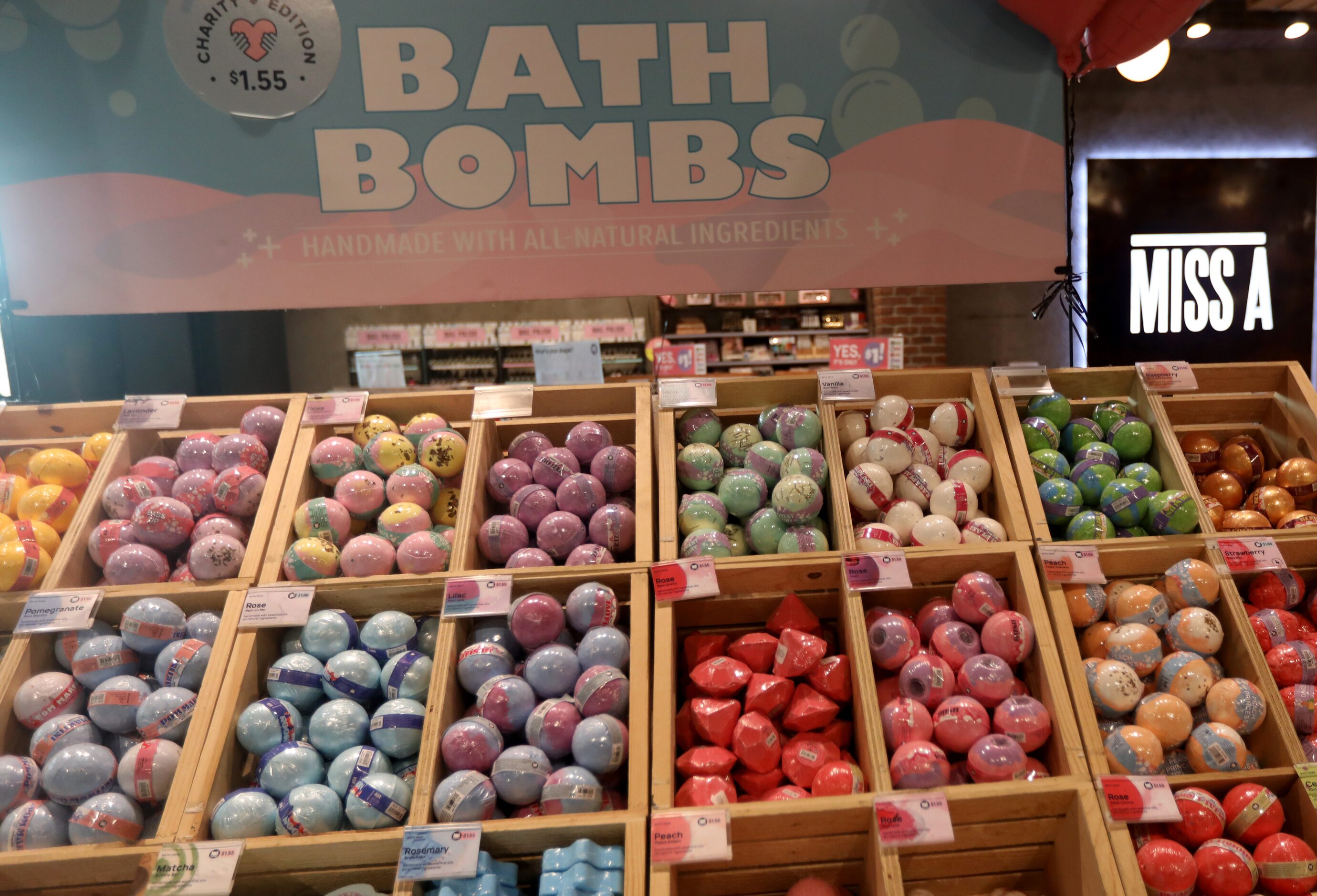 Bath bombs are among the popular gift basket items sold at Miss A beauty dollar stores.  