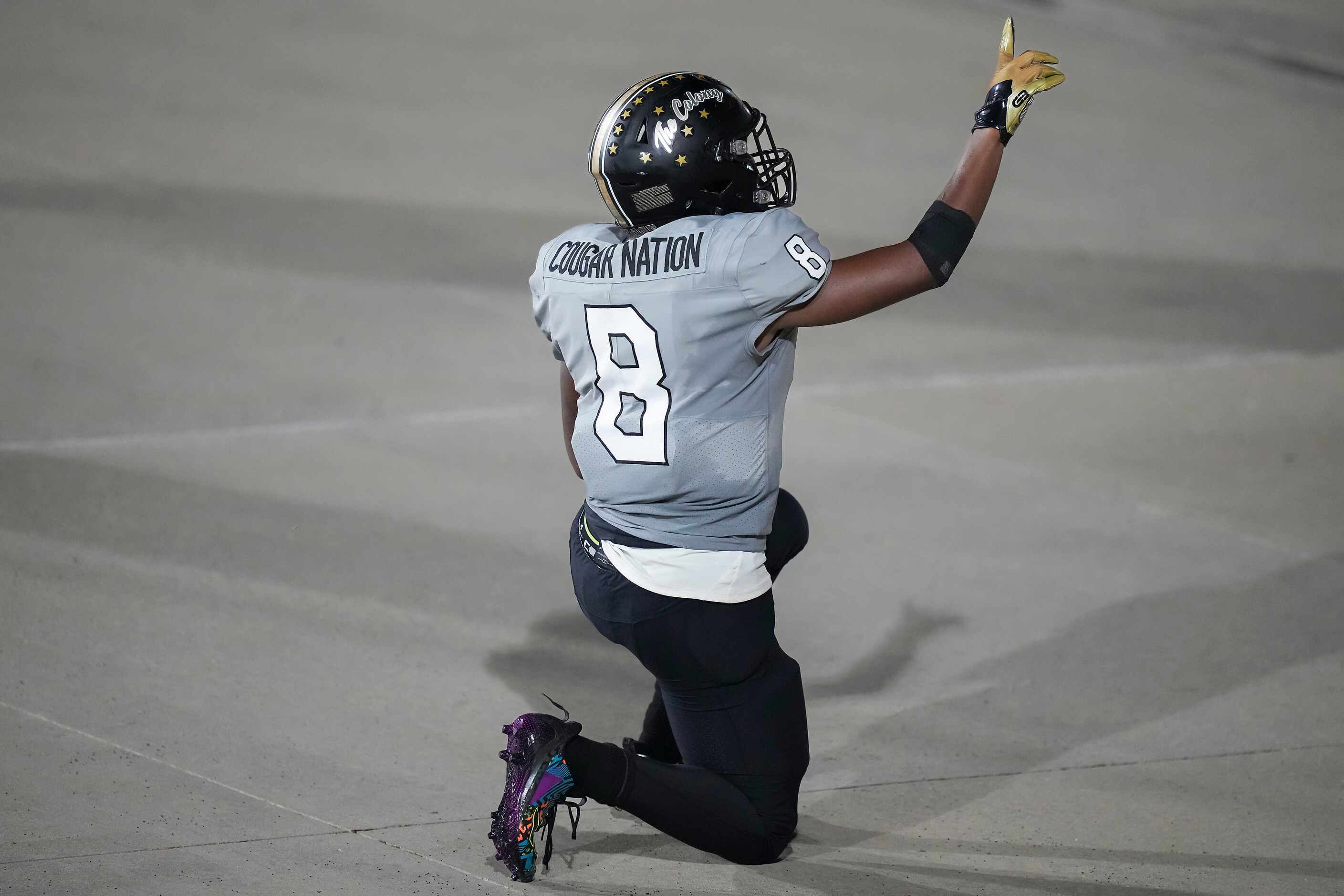 The Colony wide receiver Chase Glover (8) celebrates after catcing a 32-yard touchdown pass...