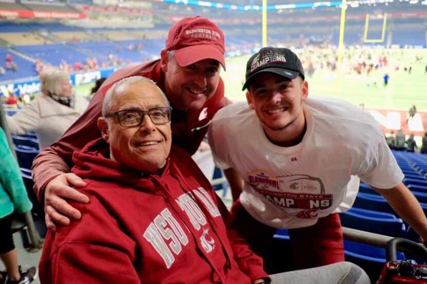 Blake Mazza (right) with his grandfather, Dominick Mazza (left) celebrate postgame at NRG...
