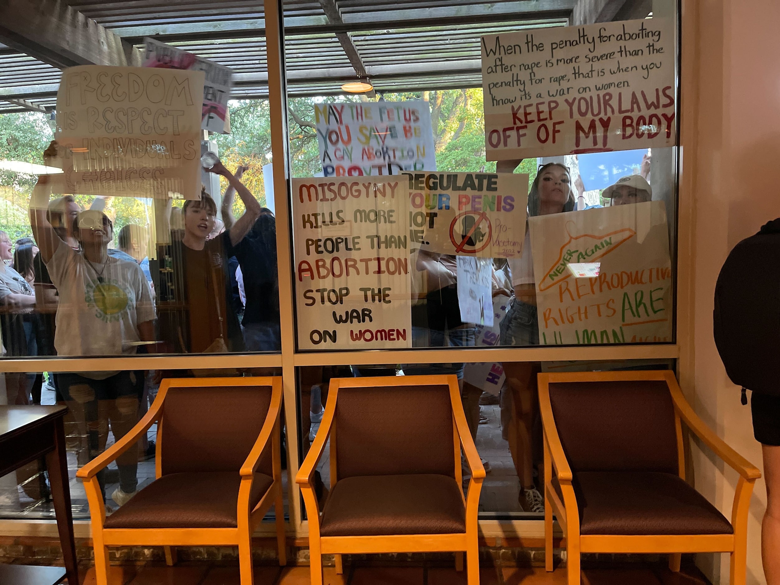 Abortion rights supporters gather outside Denton City Hall in Denton, Texas, Tuesday, June...