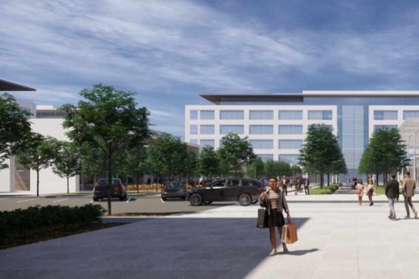 The first office building will be six floors facing a plaza.