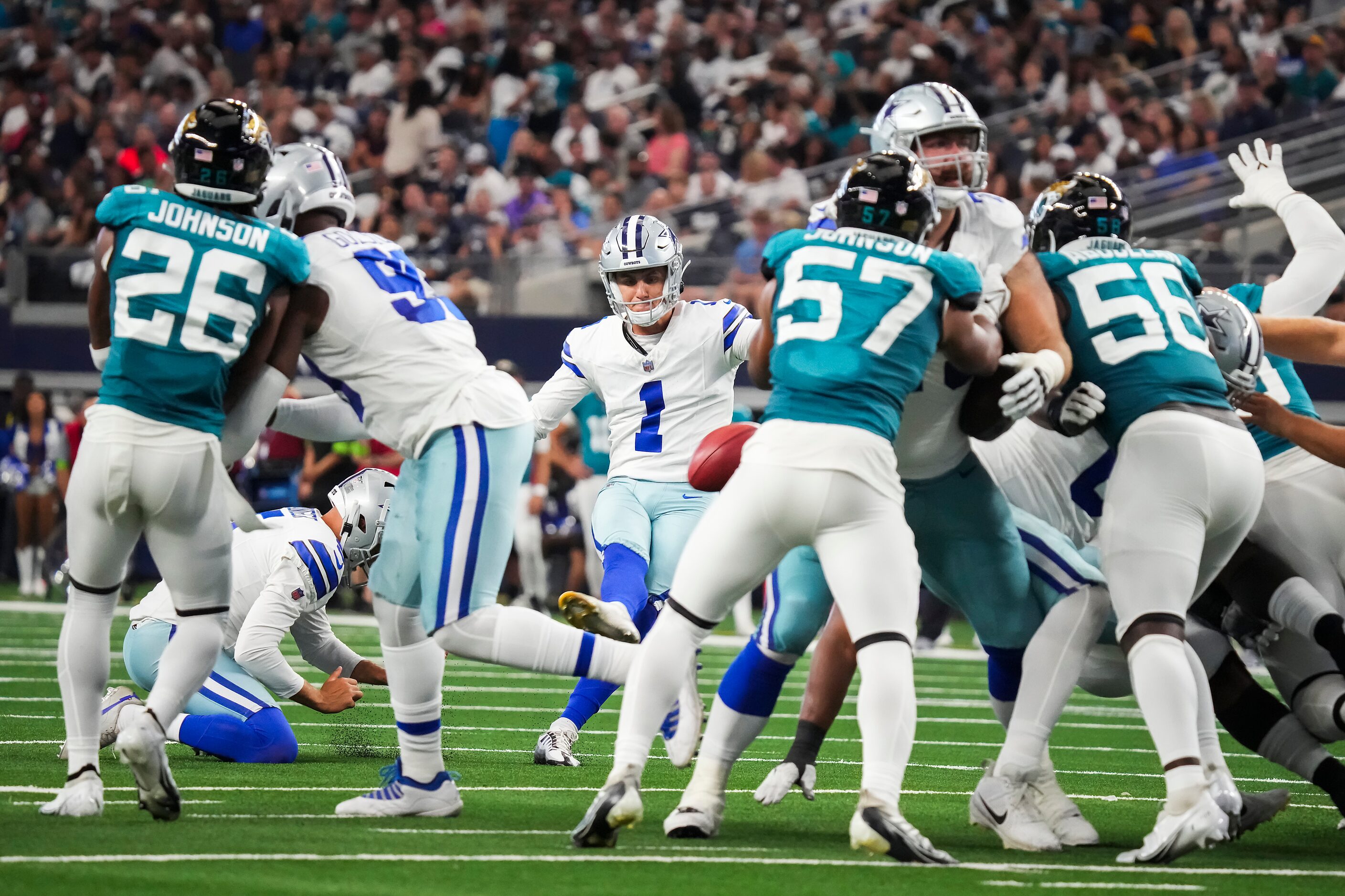 Dallas Cowboys kicker Brandon Aubrey (1) misses a point after try during the second half of...