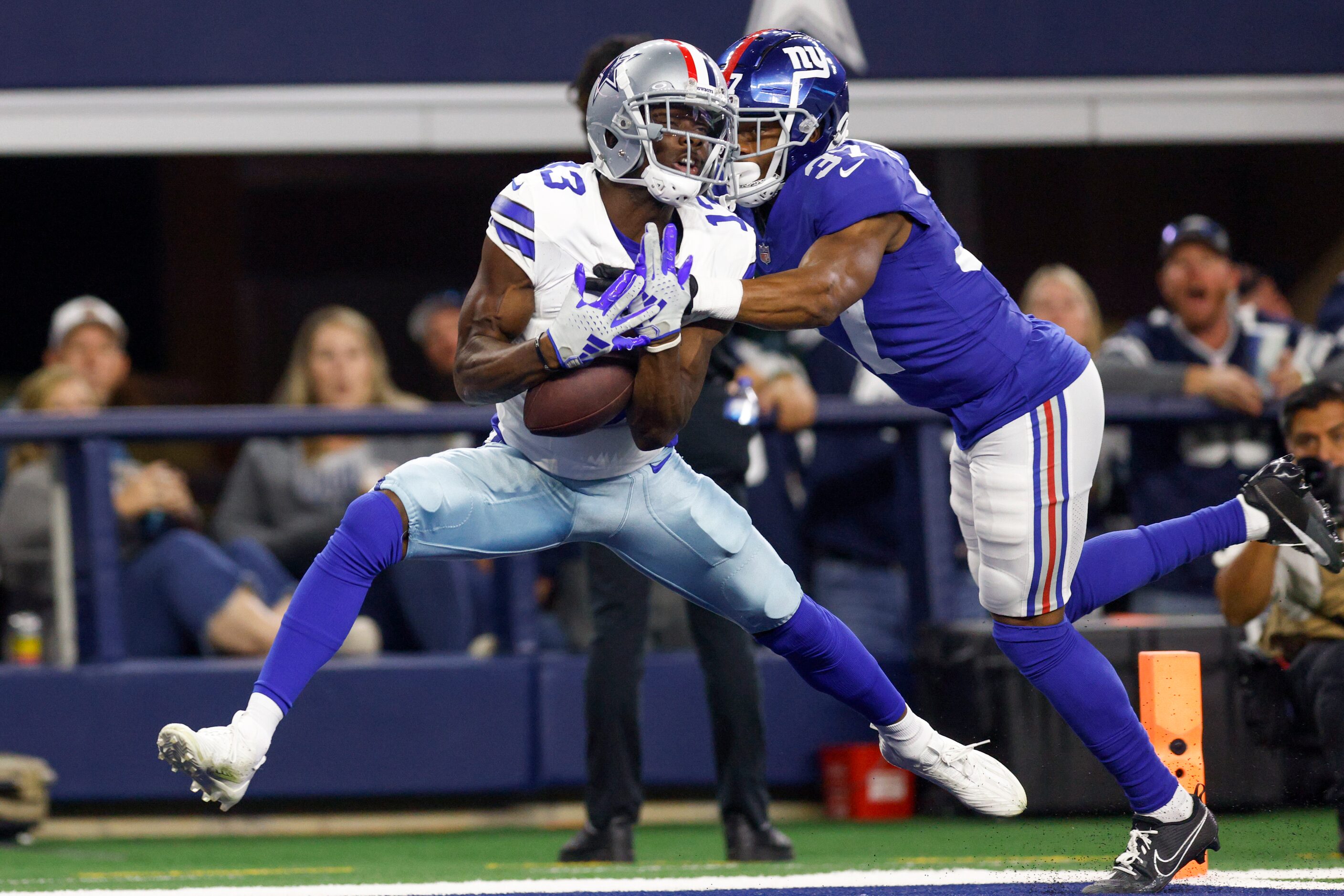 Dallas Cowboys wide receiver Michael Gallup (13) catches a pass for a touchdown against New...