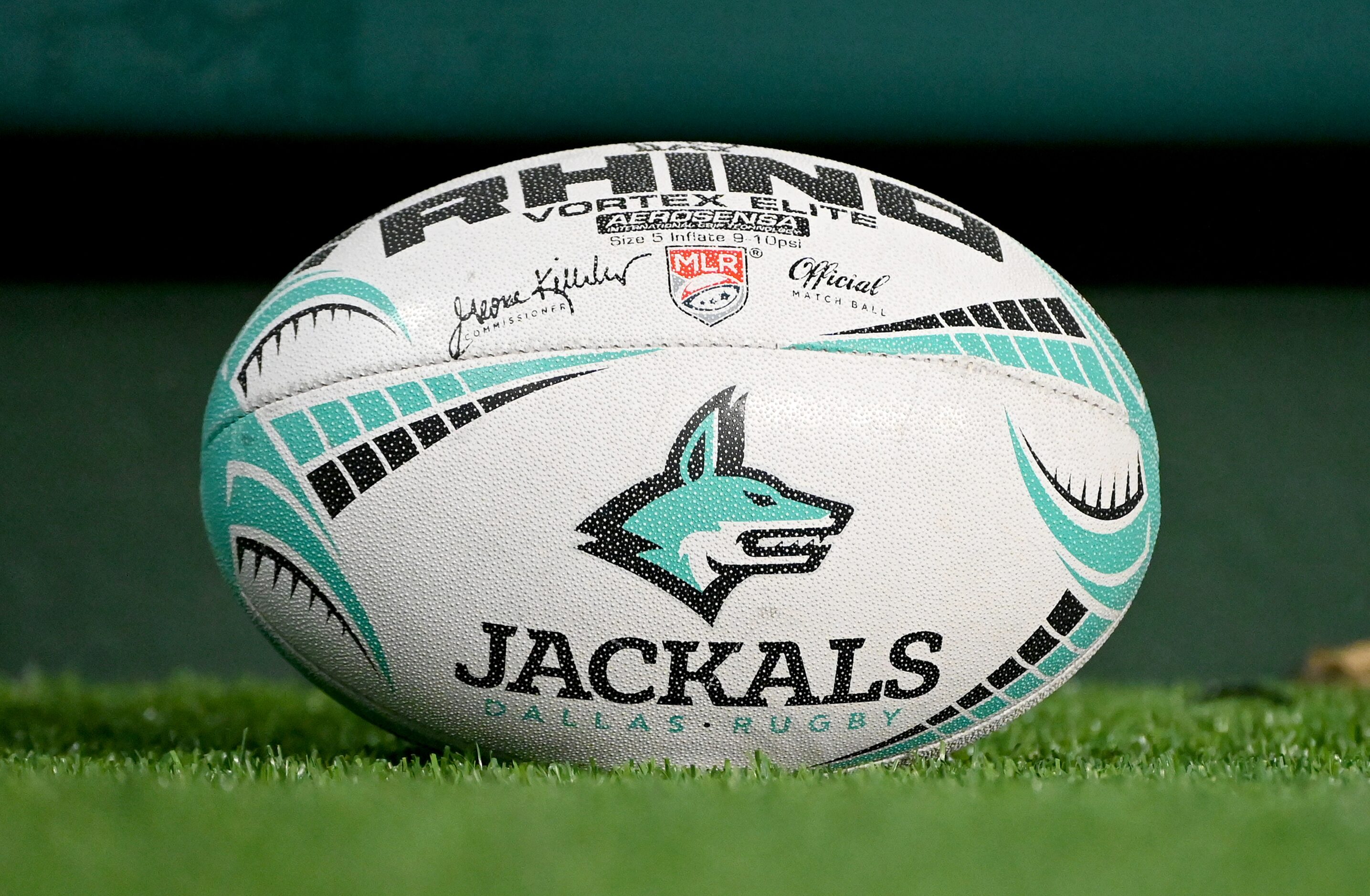 A rugby ball sits on the turf during a Major League Rugby match between the Houston...