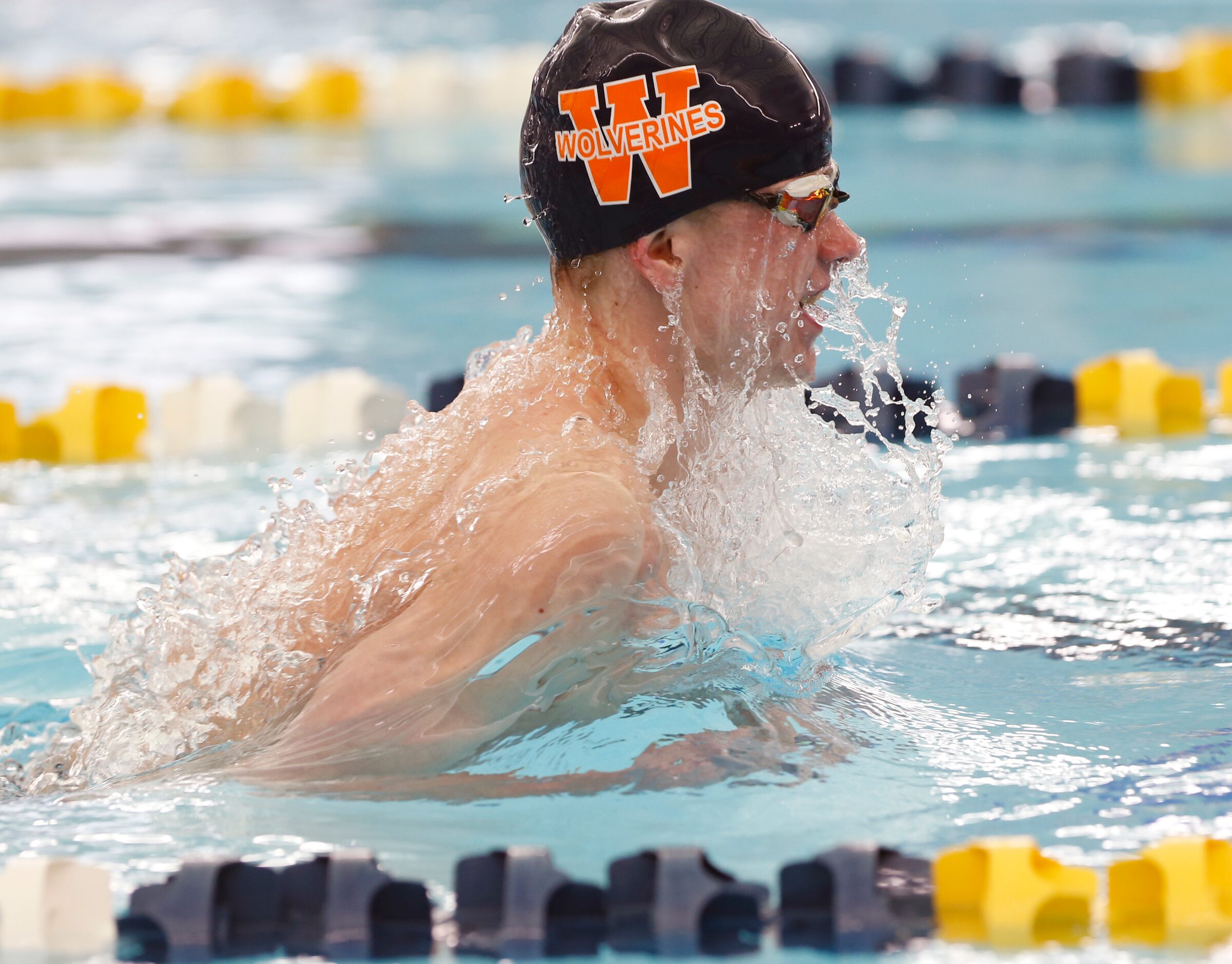 Wakeland's Alex Alex Udrys in the breaststroke for 200 Yard Medley Relay. UIL boys 5A swim...