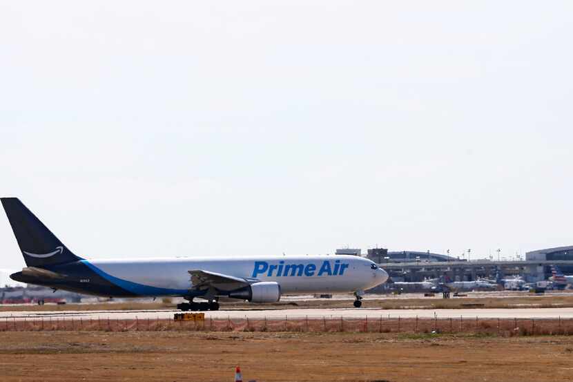 An Amazon Prime Air plane at DFW International Airport earlier this year. 