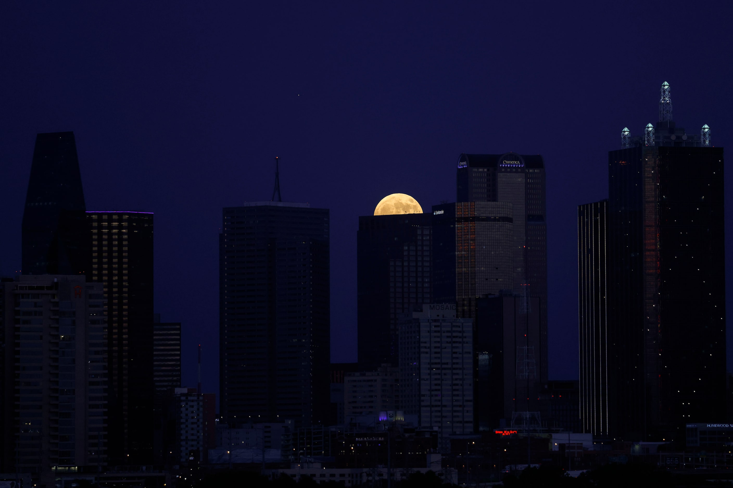 A full super harvest moon rises by Comerica Bank tower, along Dallas skyline, on Tuesday,...