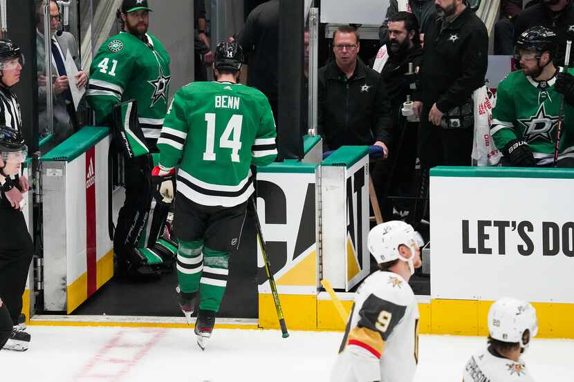 Dallas Stars left wing Jamie Benn leaves the ice after collecting a five minute penalty for...