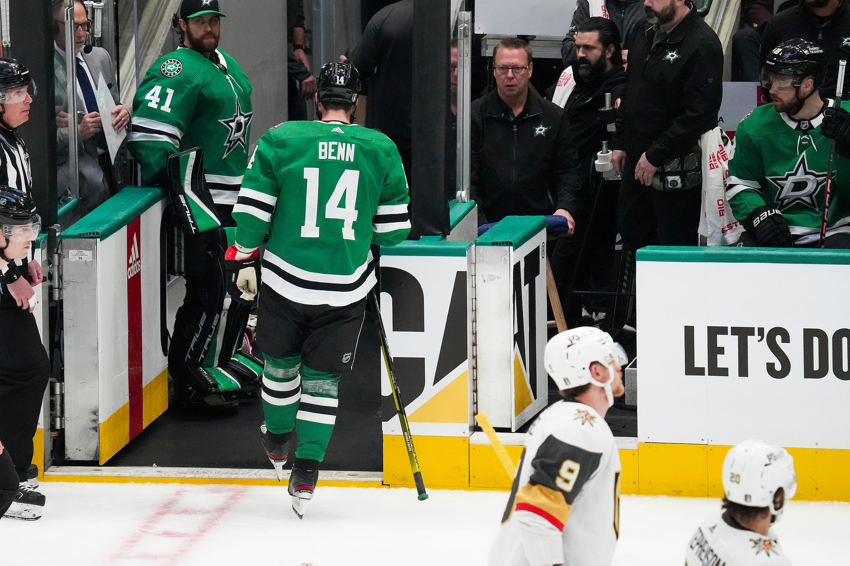 Dallas Stars left wing Jamie Benn leaves the ice after collecting a five minute penalty for...