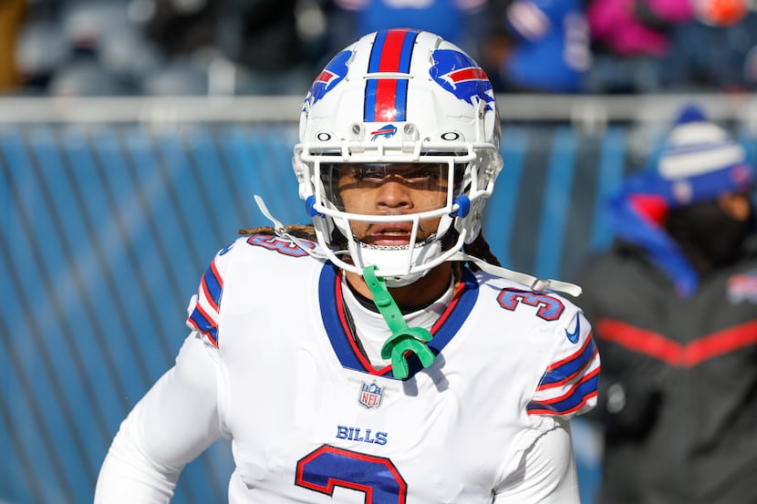 Buffalo Bills safety Damar Hamlin (3) arrives on the field before an NFL football game...