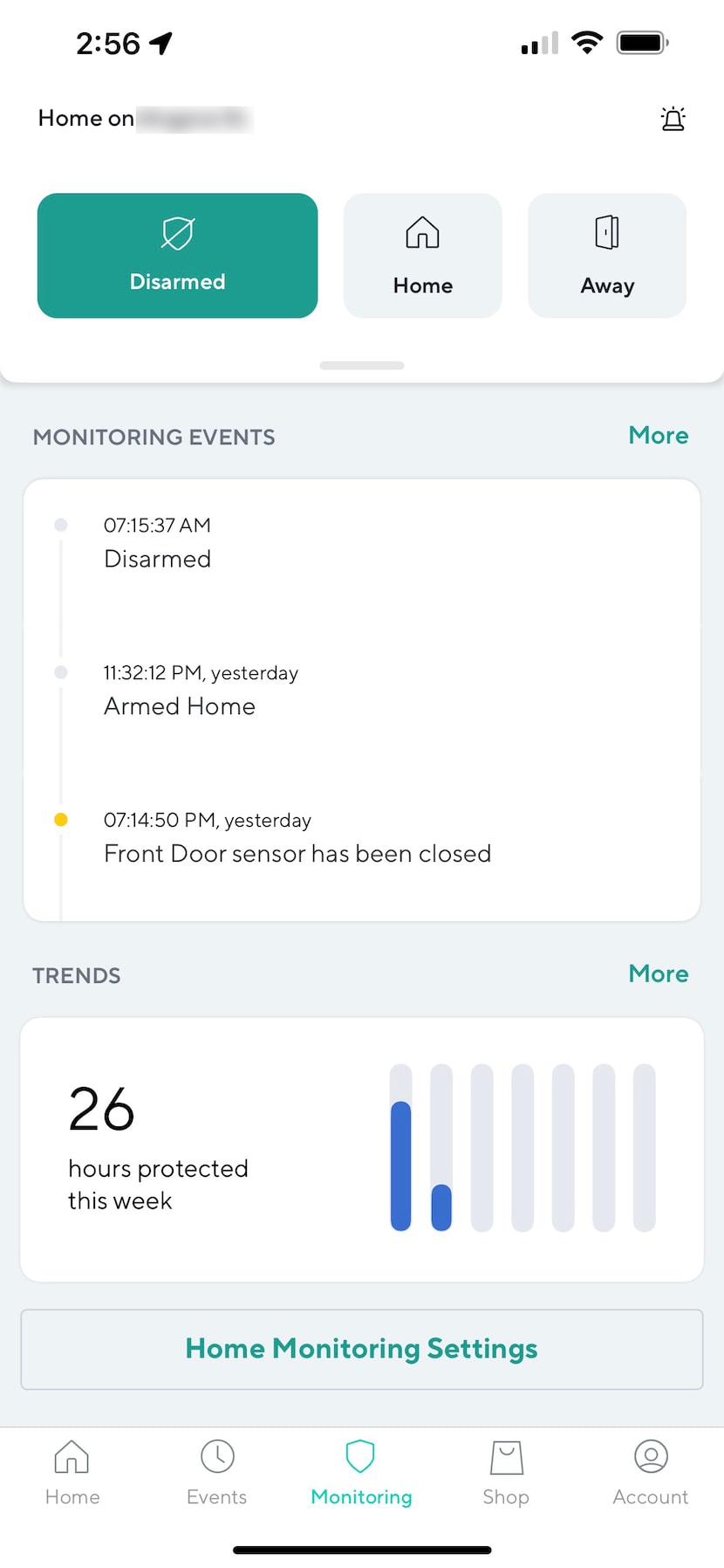 The home monitoring page from the Wyze app lets you arm or disarm the system.