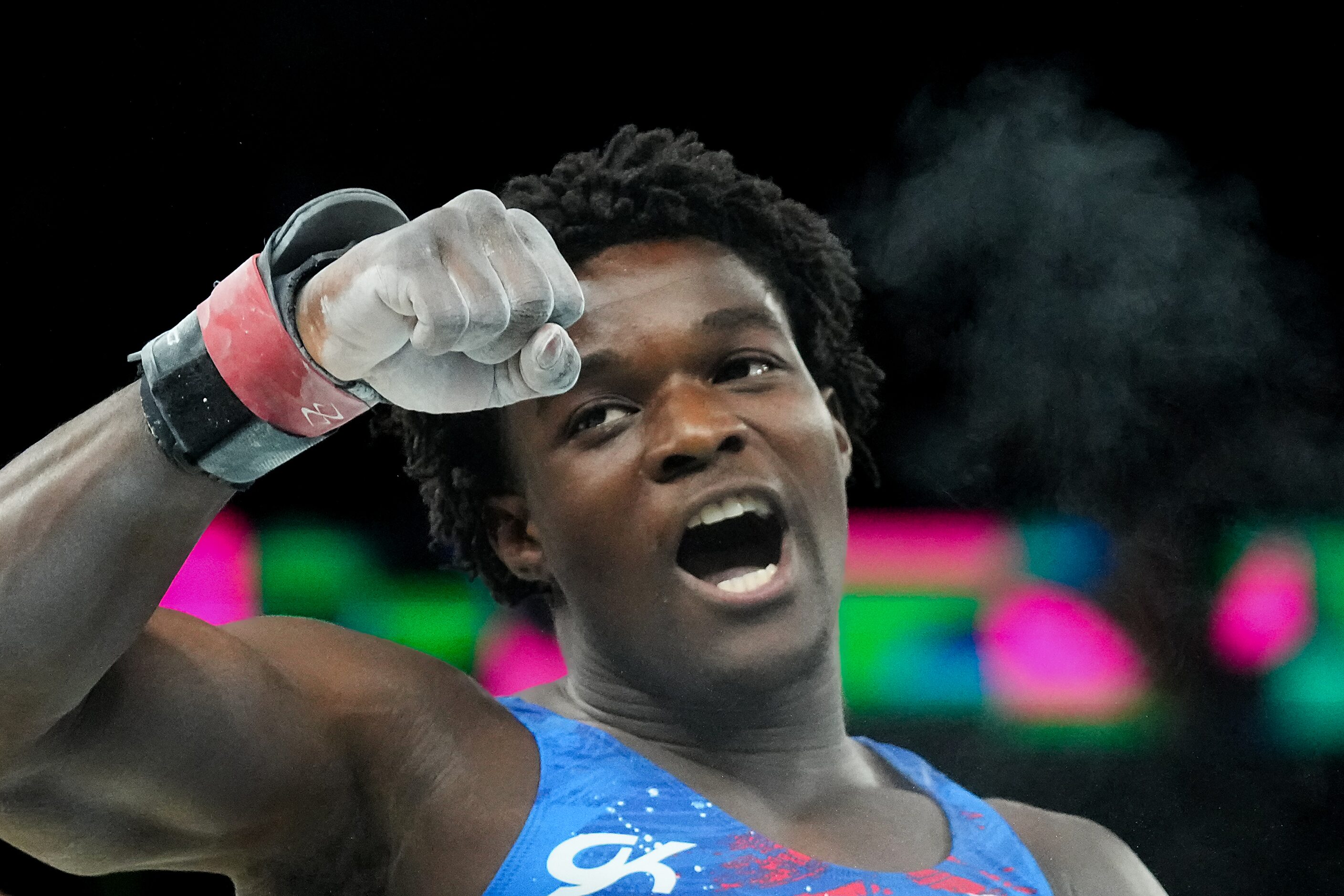 Frederick Richard  of the United States reacts after competing on the pommel horse during...