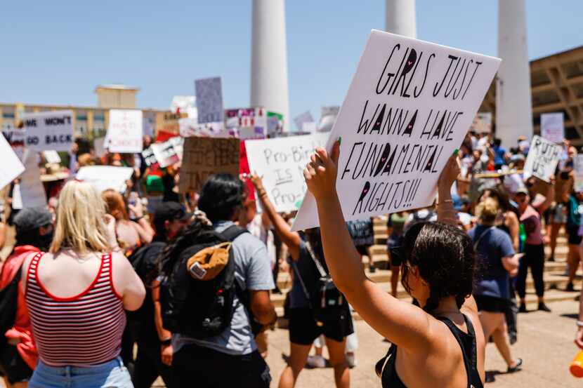 Abortion rights supporters gathered outside Dallas City Hall in June.