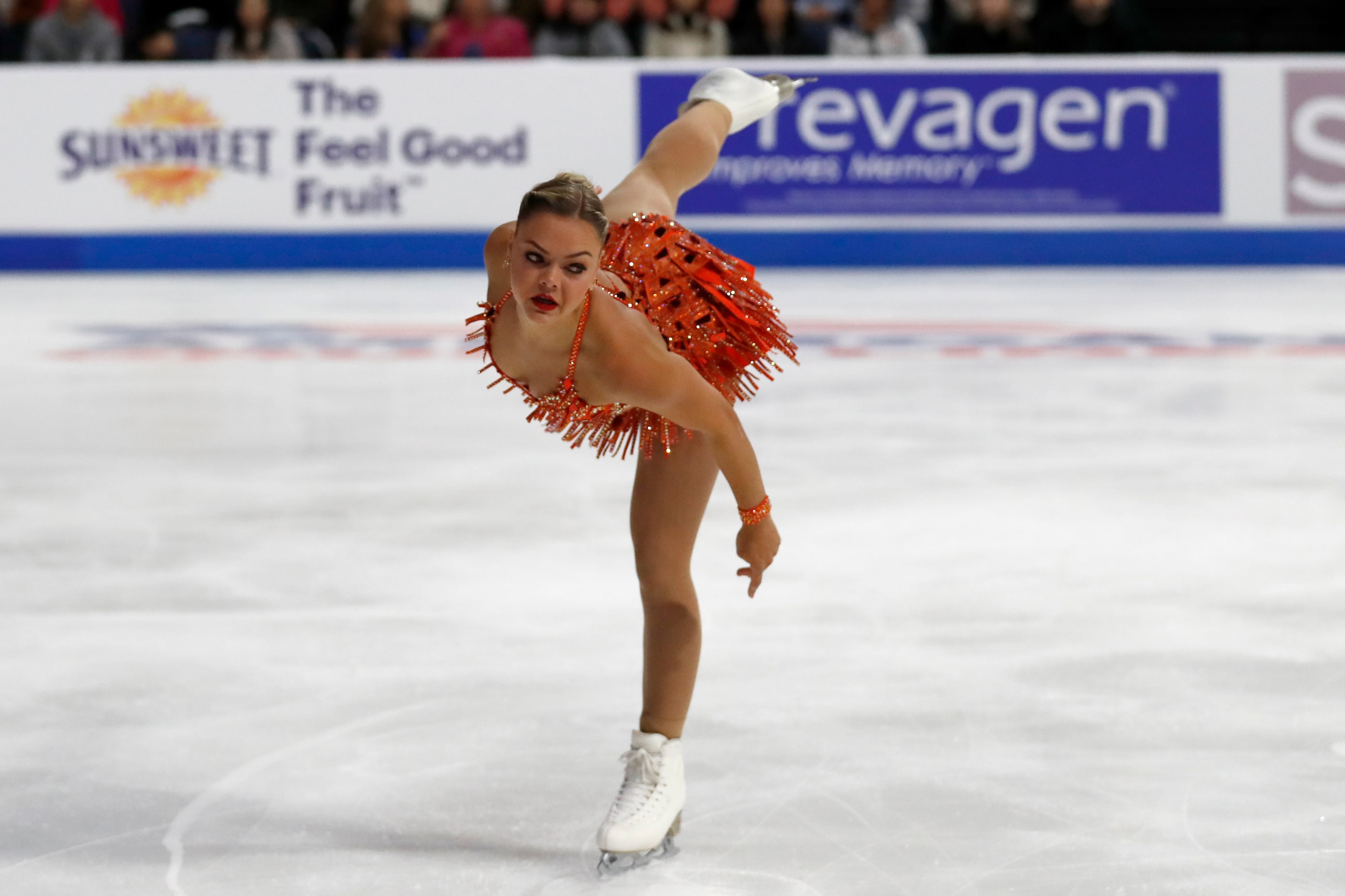 Loena Hendrickx, of Belgium, competes in the women's short program during the Skate America...