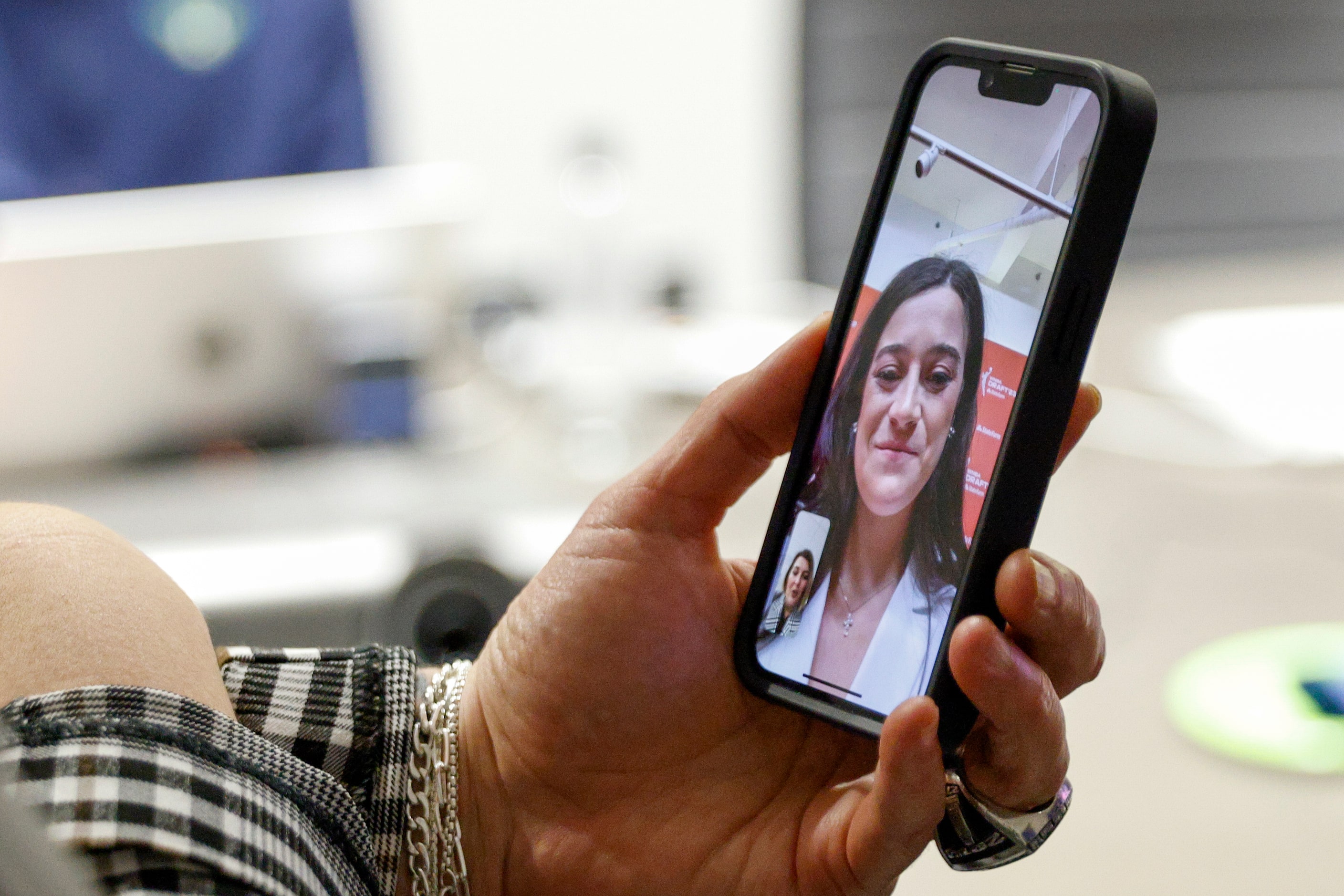 Dallas Wings head coach Latricia Trammell FaceTimes Maddy Siegrist of Villanova, third...