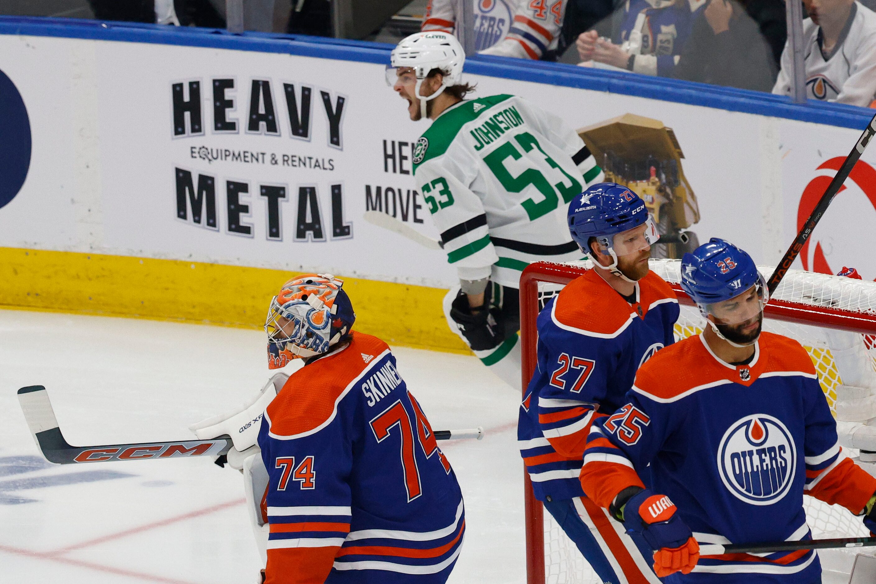 Dallas Stars center Wyatt Johnston (53) celebrates after he scored a goal against Edmonton...