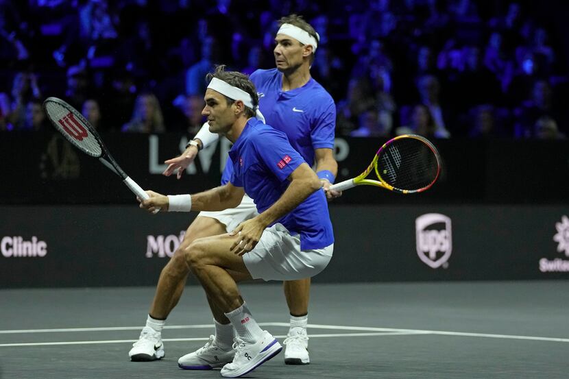 Team Europe's Roger Federer, front, and Rafael Nadal in action during their Laver Cup...