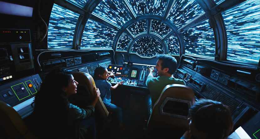 This artist's rendering shows "Inside Millennium Falcon: Smugglers Run," part of the new...