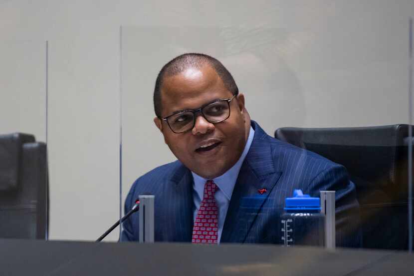 Dallas Mayor Eric Johnson during a city council meeting at Dallas City Hall in September...