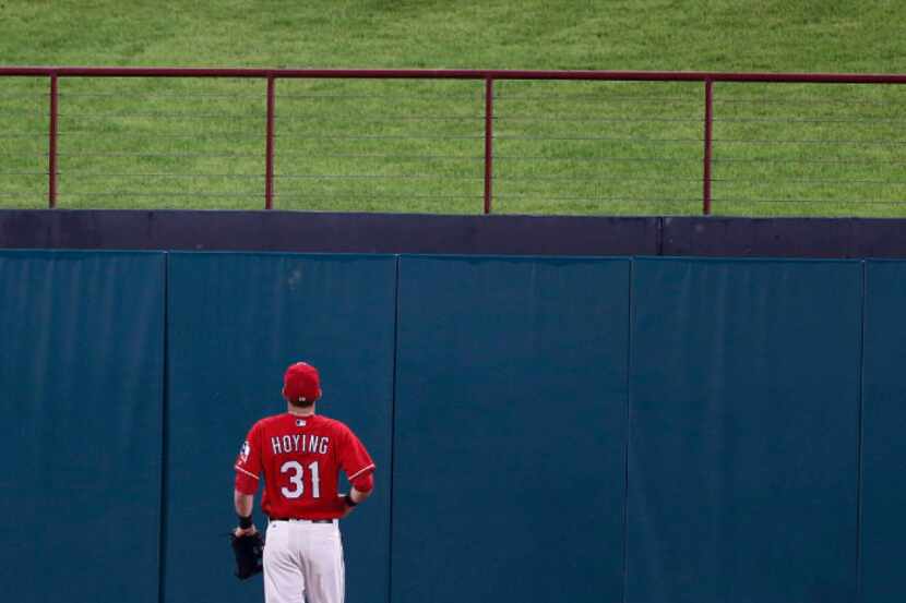 Texas Rangers center fielder Jared Hoying (31) watches as Houston Astros center fielder...