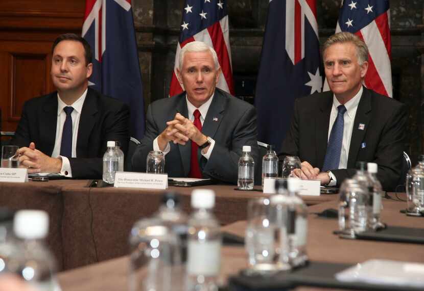  Vice President Mike Pence, center, attends a business meeting with Australian and US...