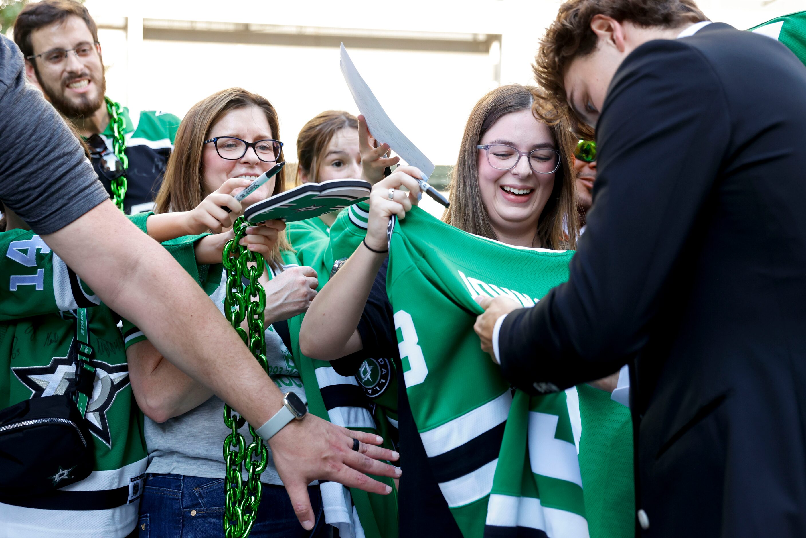 Crowd reacts as Dallas Stars center Wyatt Johnston interacts during the team’s home opener...