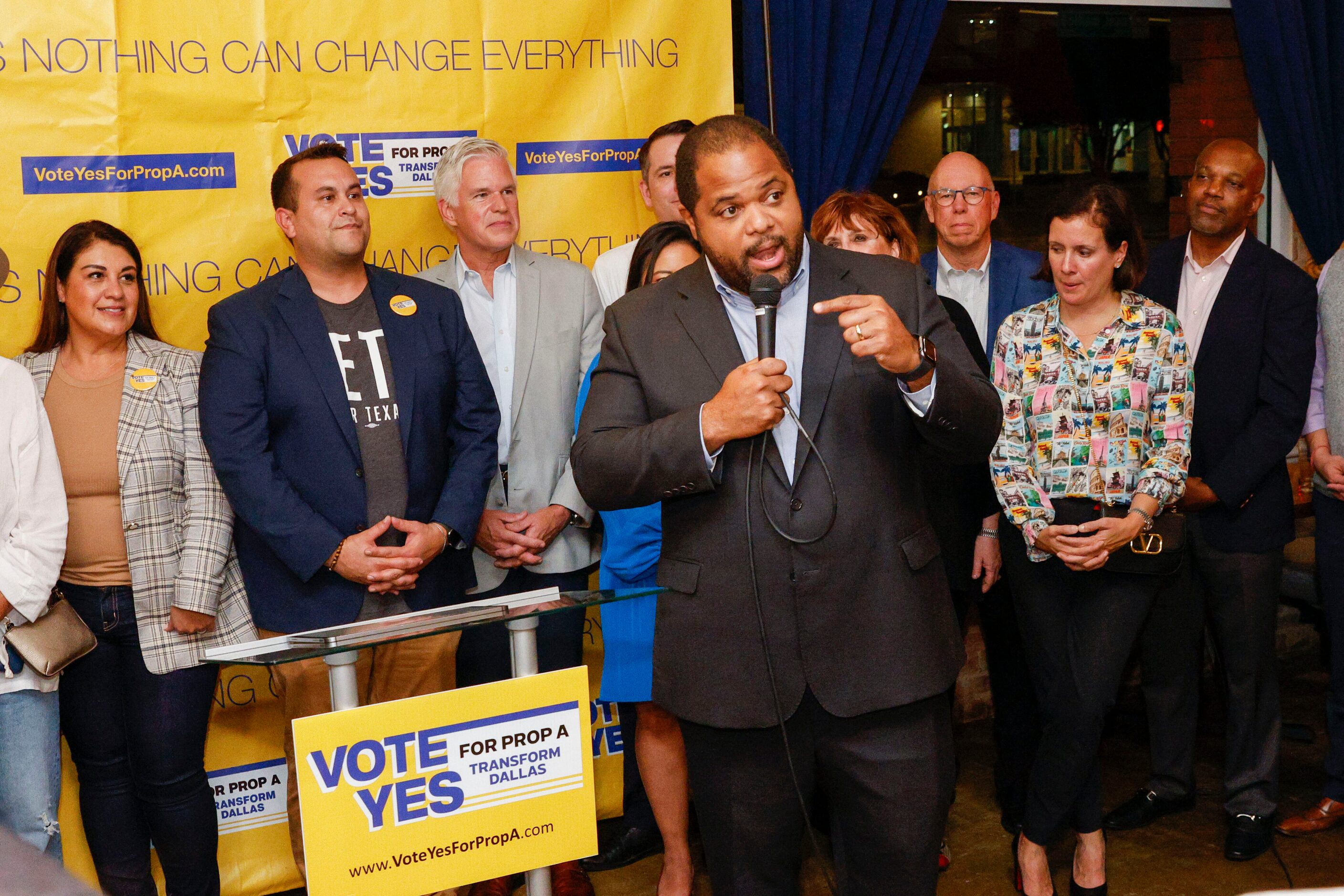 Dallas Mayor Eric Johnson address supporters and community leaders after the apparent...