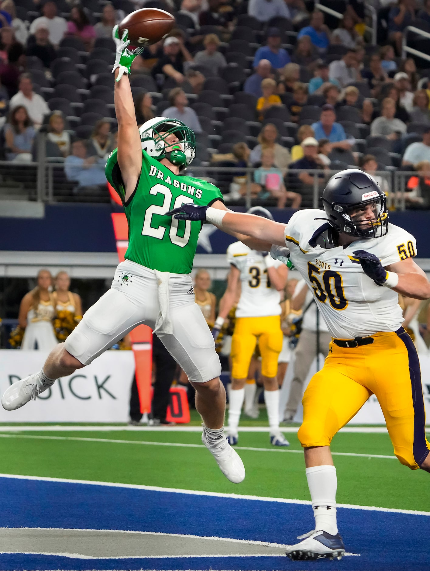 Southlake Carroll running back James Lehman (20) makes a one-handed catch for a touchdown as...