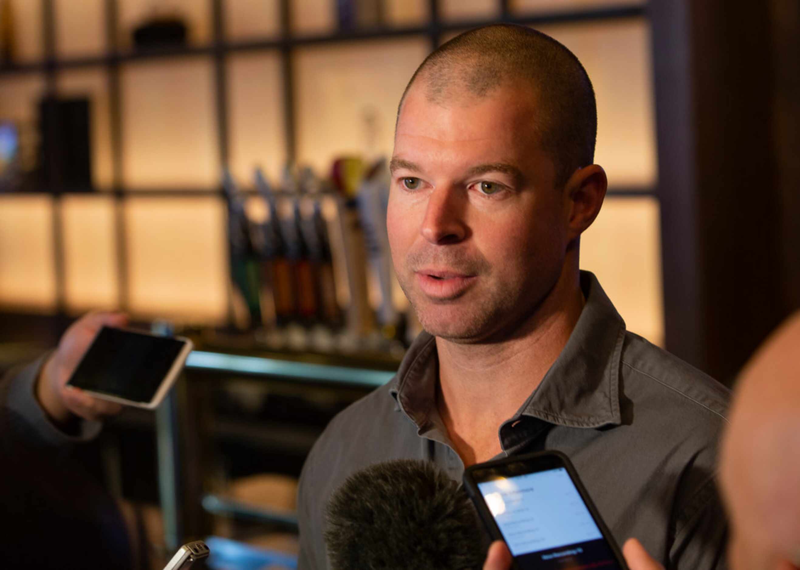 New Texas Rangers pitcher Corey Kluber answers media questions during the Rangers' Peek at...