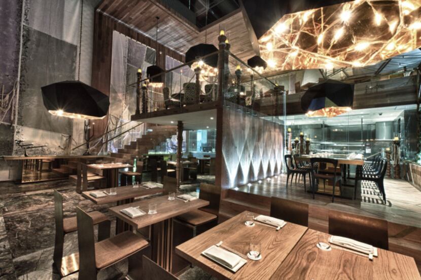 The bi-level dining room at Morimoto Mexico City is modern and beautiful.