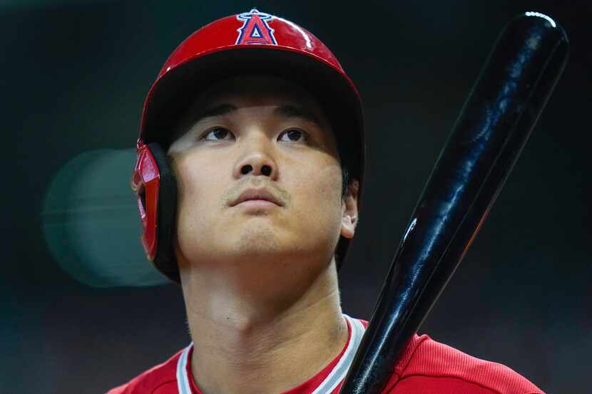 Los Angeles Angels designated hitter Shohei Ohtani stands in the on-deck circle during the...