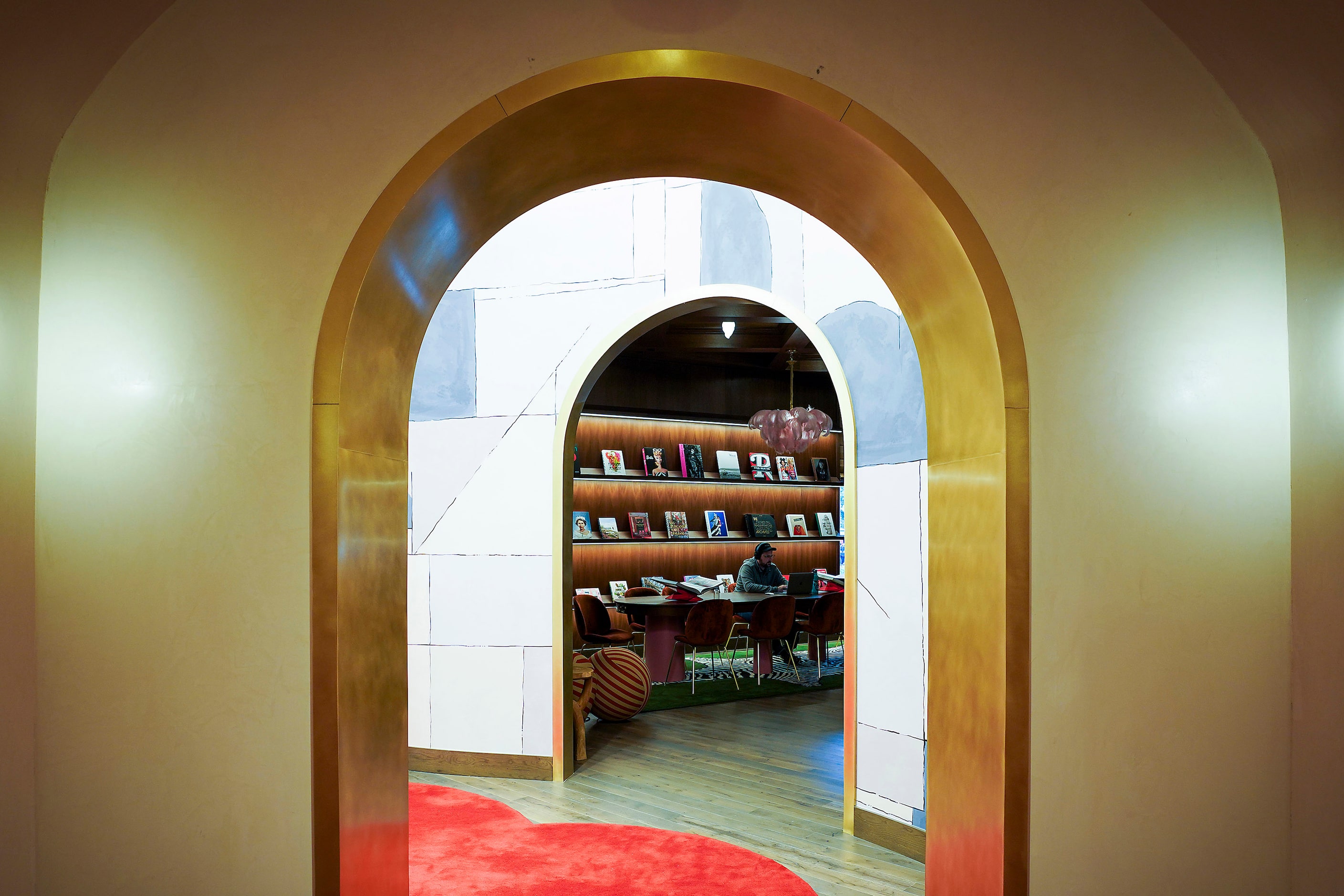 A view from the elevator bank toward the Funny Library Coffee Shop at the new the Virgin...