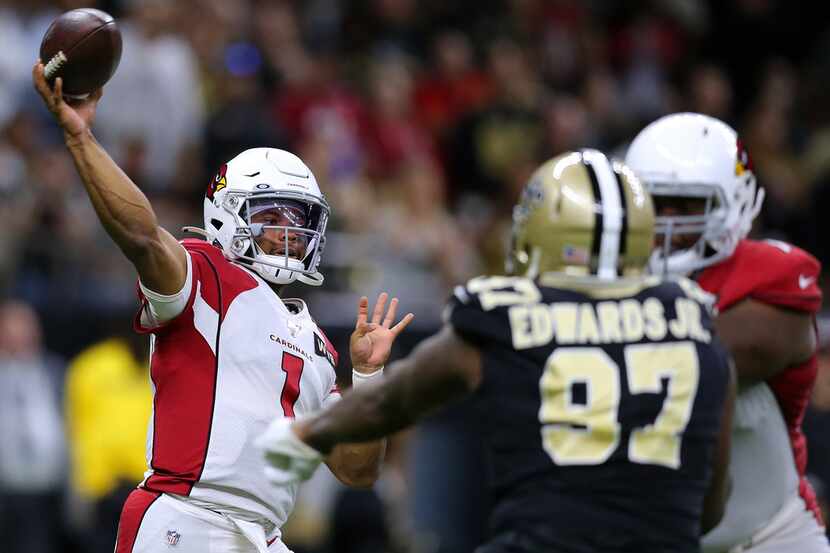 NEW ORLEANS, LOUISIANA - OCTOBER 27: Kyler Murray #1 of the Arizona Cardinals throws the...