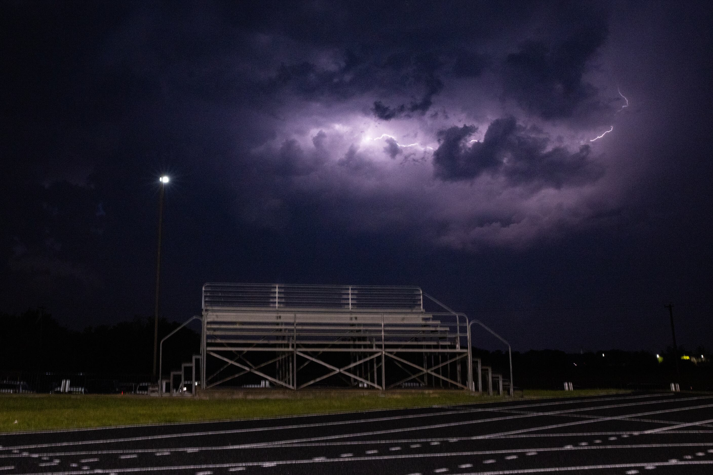 Lightning strikes during the weather delay before the Celina against Palestine boys soccer...