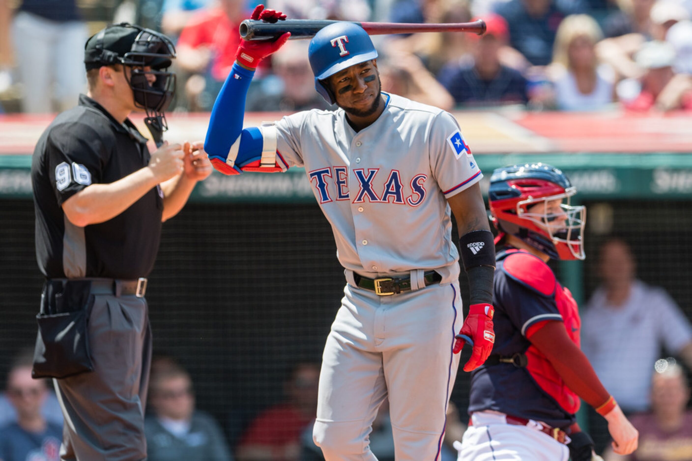 CLEVELAND, OH - MAY 2: Jurickson Profar #19 of the Texas Rangers reacts after striking out...